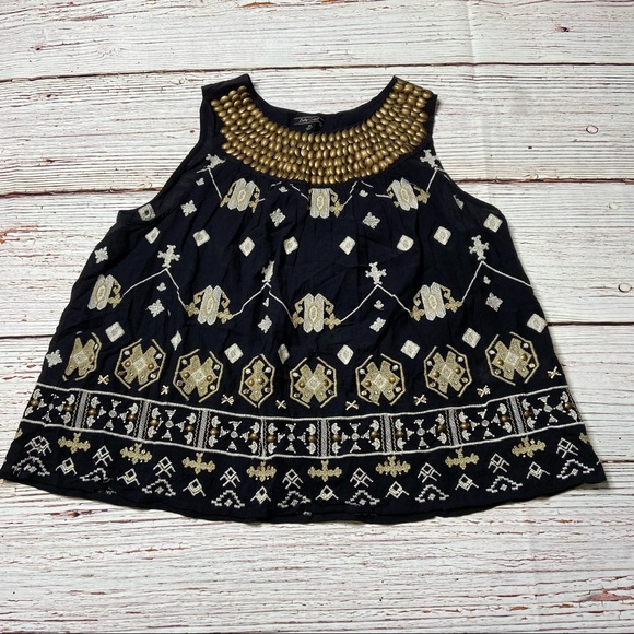 Lucky Brand Black Boho Embroidered Beaded Neck Top Sz M - Picture 3 of 13